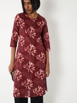 max - Women Maroon Cotton Blend Floral Printed Straight Kurta