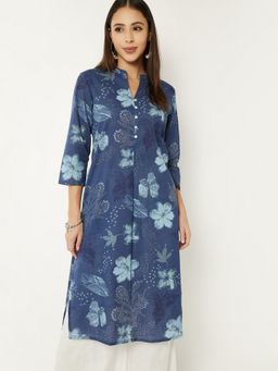 max - Women Indigo Cotton Blend Floral Straight Kurta
