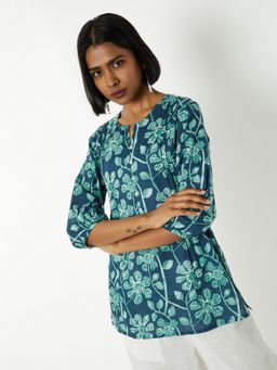 max - Women Blue Cambric Floral A-Line Kurti