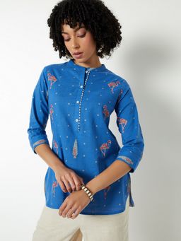 max - Women Blue Cotton Blend Abstract Straight Kurti