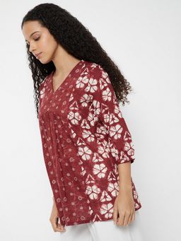 max - Women Maroon Cotton Blend Floral Printed A-Line Kurti