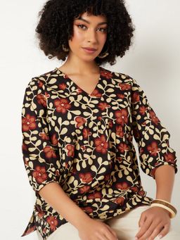 max - Women Black Cambric Floral Straight Kurti
