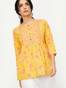 max - Women Yellow Cotton Blend Floral A-Line Kurti