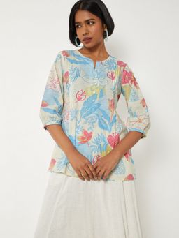 max - Women Off White Cotton Blend Floral Printed Straight Kurti
