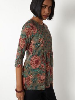 max - Women Grey Cambric Floral Printed Straight Kurti
