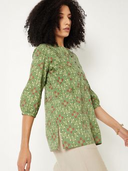 max - Women Green Cotton Blend Floral Printed Straight Kurti