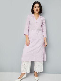 max - Women Lavender Chambray Embroidered Straight Kurta