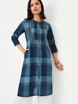 max - Women Blue Cotton Blend Checks Straight Kurta