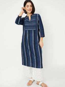 max - Women Navy Blue Cotton Blend Stripes Straight Kurta