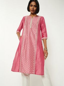 max - Women Pink Polyester Blend Embroidered Straight Kurta