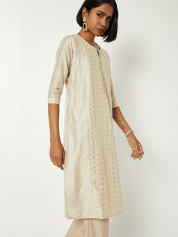 max - Women Beige Polyester Blend Embroidered Straight Kurta
