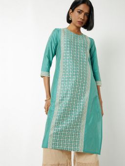 max - Women Green Polyester Blend Embroidered Straight Kurta