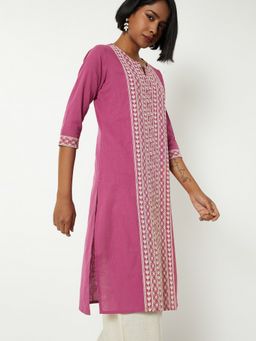 max - Women Purple Cotton Blend Embroidered Straight Kurta