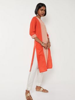 max - Women Orange Cotton Blend Embroidered Straight Kurta