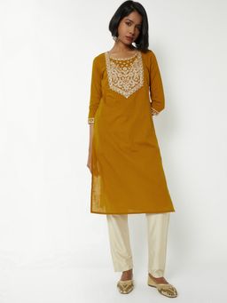 max - Women Mustard Cotton Blend Embroidered Straight Kurta