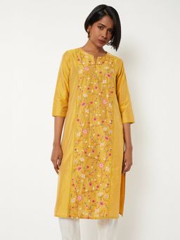 max - Women Yellow Polyester Blend Embroidered Straight Kurta