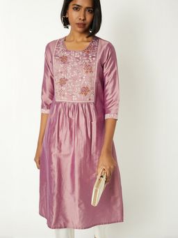 max - Women Purple Polyester Blend Embroidered Straight Kurta