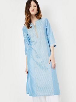 max - Women Blue Polyester Blend Embroidered Straight Kurta