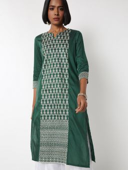 max - Women Green Polyester Blend Embroidered Straight Kurta