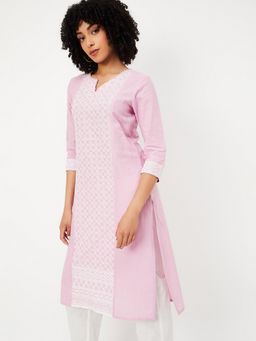 max - Women Pink Cotton Blend Embroidered Straight Kurta