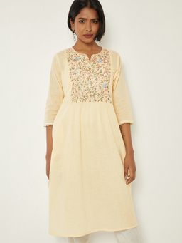 max - Women Yellow Cotton Blend Embroidered Straight Kurta
