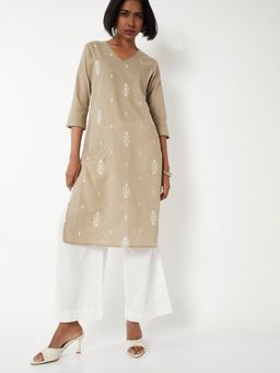 max - Women Embroidered Straight Beige Kurta