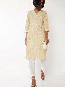 max - Women Embroidered Beige Straight Kurta