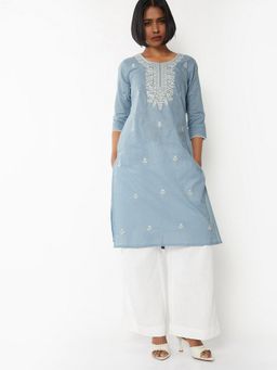 max - Women Embroidered Straight Blue Kurta