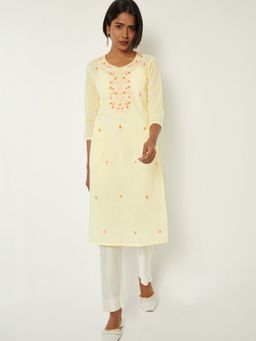 max - Women Embroidered Straight Yellow Kurta
