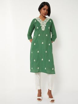 max - Women Chikankari Embroidered Green Kurta