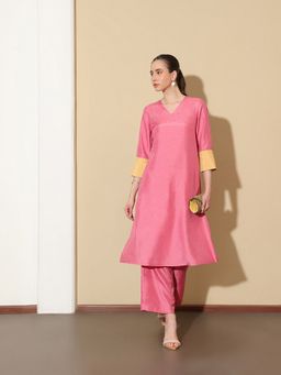 Pink Fort - Women Pink Poly Silk Solid Kurta with Trouser