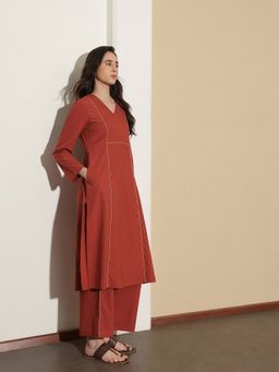Pink Fort - Women Red Pure Cotton Solid Kurta with Trouser
