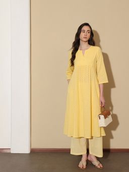 Pink Fort - Women Yellow Jacquard Embroidered Kurta with Trouser