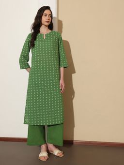 Pink Fort - Women Green Pure Cotton Abstract Kurta with Trouser
