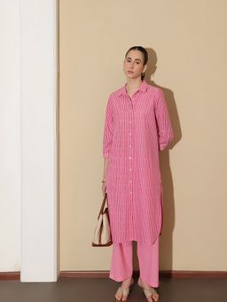 Pink Fort - Women Pink Pure Cotton Stripes Kurta with Trouser