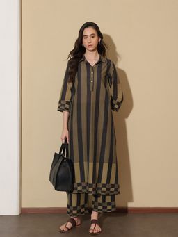 Pink Fort - Women Black Pure Cotton Stripes Kurta with Trouser