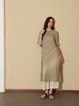 Pink Fort - Women Grey Viscose Rayon Stripes Kurta with Trouser