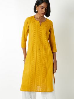 max - Women Yellow Cotton Blend Textured Straight Kurta