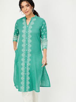 max - Women Aqua Cotton Blend Abstract Straight Kurta