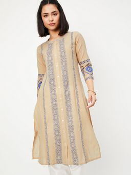max - Women Beige Cotton Blend Embroidered Straight Kurta