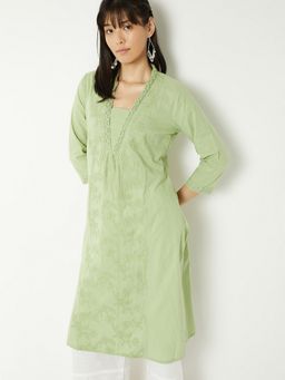 max - Women Green Cotton Blend Embroidered Straight Kurta