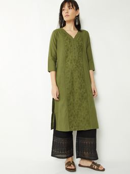 max - Women Olive Cotton Blend Embroidered Straight Kurta