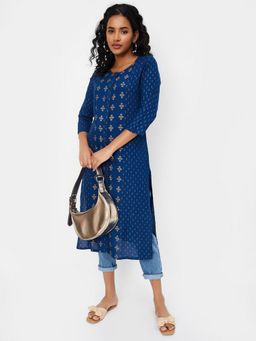 max - Women Teal Rayon Blend Abstract Straight Kurta