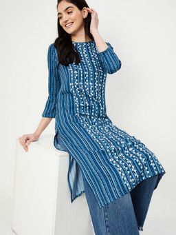 max - Women Indigo Rayon Abstract Straight Kurta