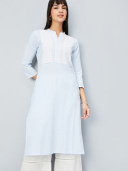 max - Women Blue Cotton Blend Stripes Straight Kurta