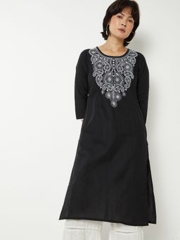 max - Women Chikankari Yoke Embroidered Straight Black Kurta