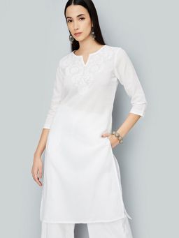 max - Women Off White Cotton Blend Embroidered Straight Kurta