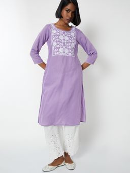max - Women Purple Cotton Blend Embroidered Straight Kurta