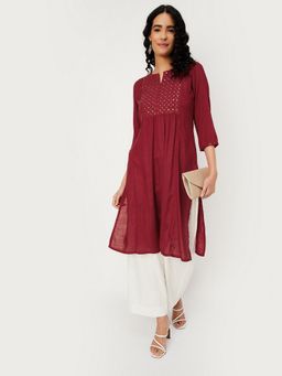 max - Women Maroon Rayon Blend Embroidered Straight Kurta