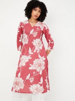 max - Women Magenta Cambric Floral Straight Kurta